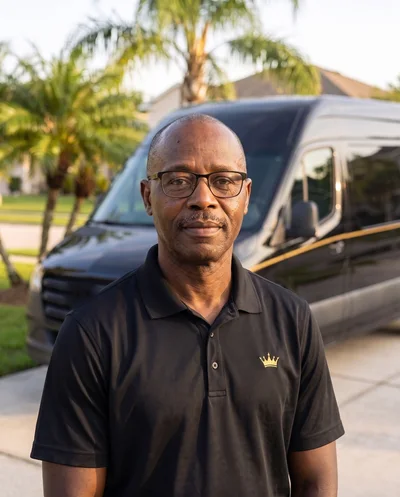 Amrose Bruno, founder, in a black polo with a gold crown