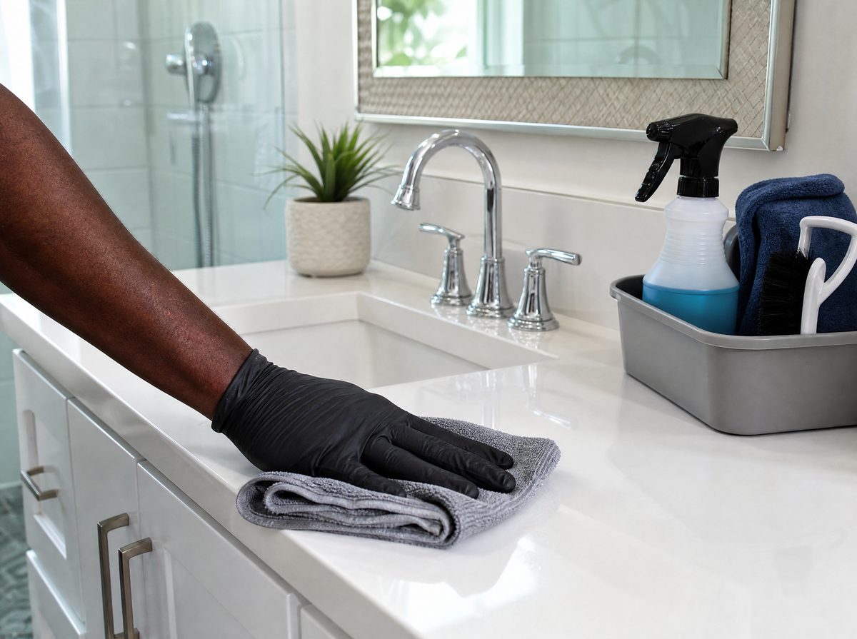 A gloved hand wiping a gleaming white bathroom vanity next to a caddy of cleaning supplies