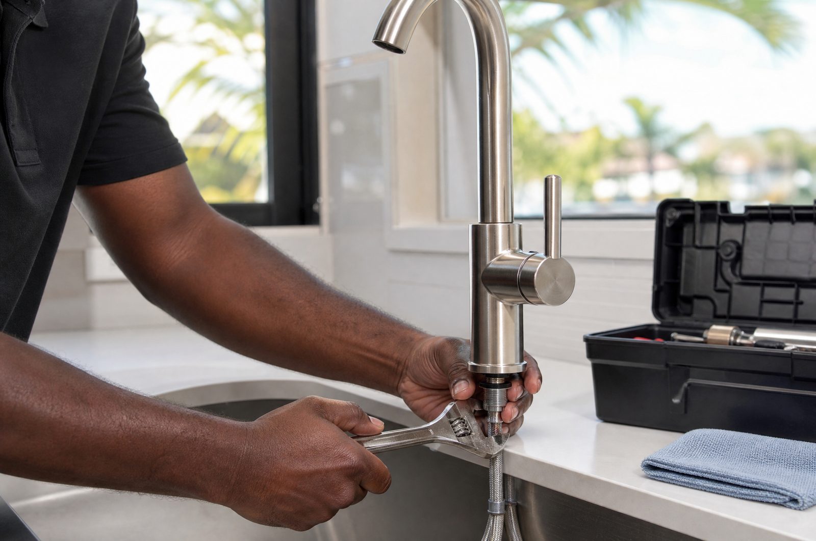 A crew member tightening a new brushed-nickel kitchen faucet with a wrench, toolbox on the counter